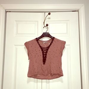 Blush & Black Drawstring Croptop  T Shirt